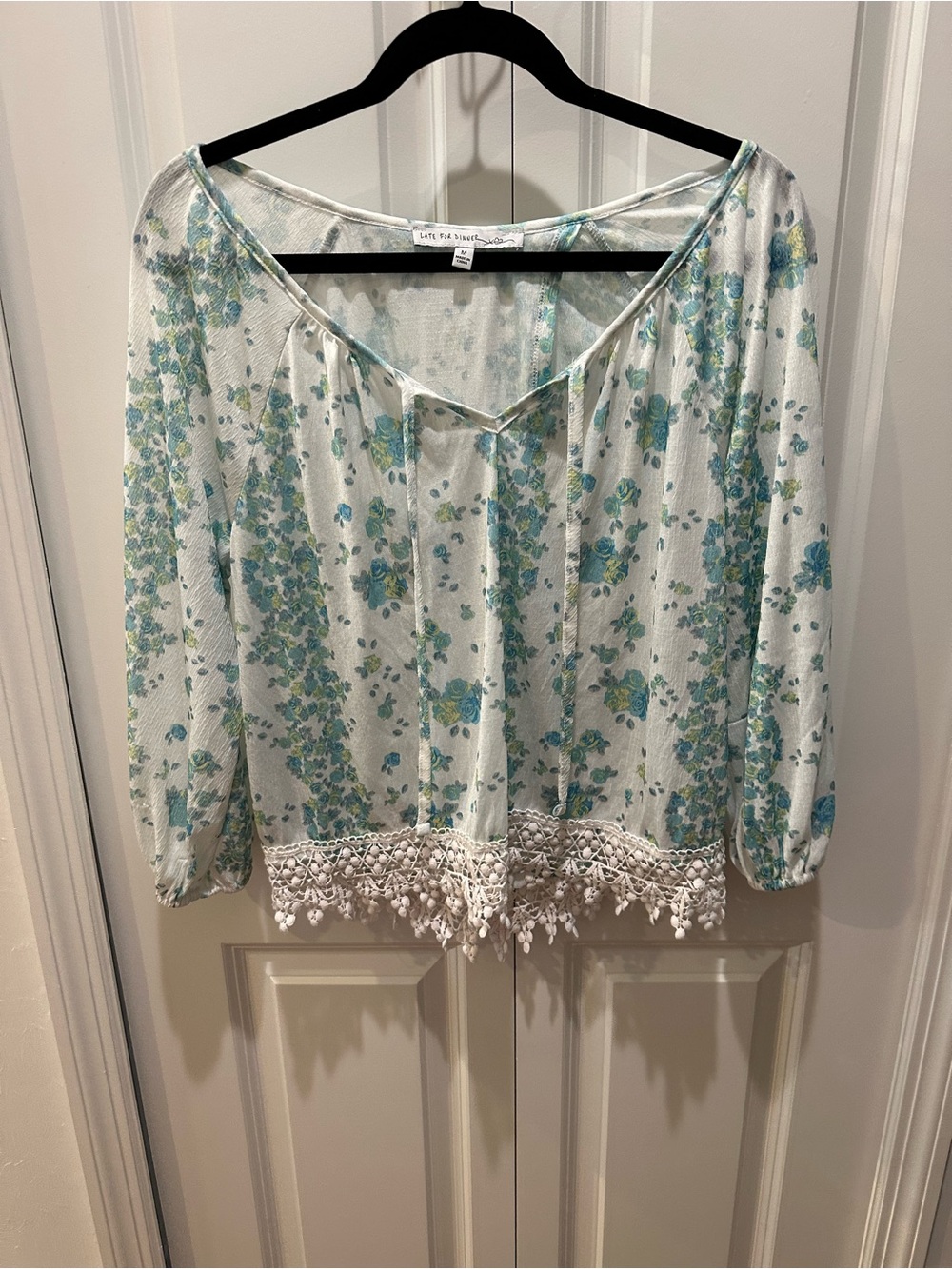 Late for Dinner Light Blue Floral Crochet-Hem Peasant Top Cottage Core